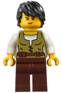 Medieval Seaside Market Snake Charmer - Female medieval seaside market snake charmer with black hair, wearing a vest over a white shirt and dark brown legs - adp181