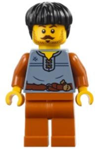Medieval Seaside Market Wine Seller - Male medieval seaside market wine seller with black hair, wearing a sand blue vest and dark orange legs - adp183