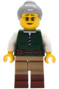 Riverside Scholars Female - Female Riverside Scholar wearing a dark green laced shirt, dark tan legs with molded reddish brown boots, and light bluish gray hair in a top knot bun - adp188