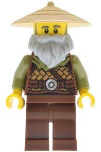 Riverside Scholars Male Minifigure - Male Riverside Scholar with light bluish gray beard, wearing leather armor, reddish brown legs, and a tan conical hat - adp189