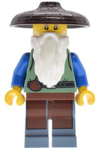 Riverside Scholars Male Minifigure - Male Riverside Scholar with a white beard wearing a dark brown conical hat, sand green vest, reddish brown apron, and sand blue legs - adp190