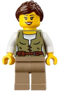 Riverside Scholars Female - Female Riverside Scholar with dark brown ponytail, olive green vest, and dark tan legs - adp191