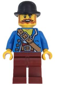 Wild West Train Bandit Minifigure - Male Wild West Train Bandit wearing a black bowler hat, blue jacket, and dark red legs - adp192