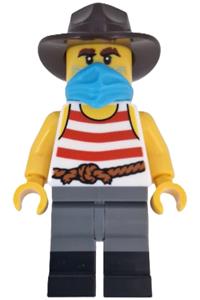 Wild West Train Bandit Minifigure - Male Wild West Train Bandit wearing a white tank top with red stripes, dark bluish gray legs with black boots, dark azure bandana, and dark brown fedora - adp194