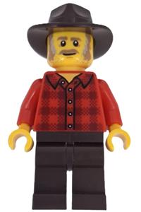 Wild West Train Stable Hand - Male Wild West train stable hand wearing a red plaid flannel shirt, dark brown legs, and a dark brown fedora - adp195