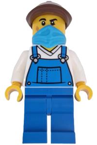 Wild West Train Stable Hand - Male Wild West Train Stable Hand wearing blue overalls, blue legs, a dark azure bandana, and a reddish brown flat cap - adp196