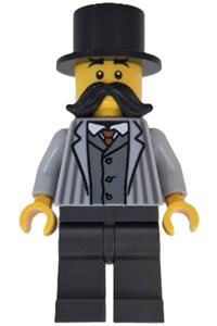 Wild West Train Passenger - Male Wild West train passenger with a black moustache and top hat, wearing a light bluish gray striped jacket and pearl dark gray legs - adp198
