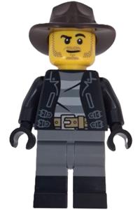 Wild West Train Cowboy Minifigure - Male Wild West train cowboy wearing a black jacket, dark bluish gray legs with black boots, and a dark brown fedora - adp199