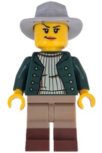 Female Wild West Train Cowboy - Female Wild West train cowboy wearing a dark green jacket, dark tan legs with reddish brown boots, and a light bluish gray fedora - adp200