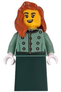 Female Wild West Train Passenger - Female Wild West train passenger with dark orange hair over shoulder, wearing a sand green vest and dark green skirt - adp201