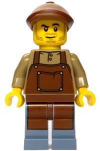 Merchant Boat Mechanic Minifigure - Male merchant boat mechanic with stubble, wearing a reddish brown flat cap, dark tan shirt with reddish brown apron, and sand blue legs - adp204