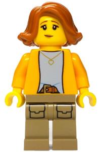 Merchant Boat Female Minifigure - Female Merchant Boat minifigure with dark orange hair, bright light orange jacket, and dark tan legs with pockets - adp206