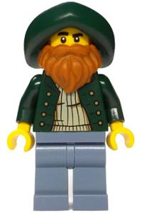 Merchant Boat Captain Minifigure - Male merchant boat captain with dark orange beard, wearing a dark green hat, dark green open jacket, and sand blue legs - adp207