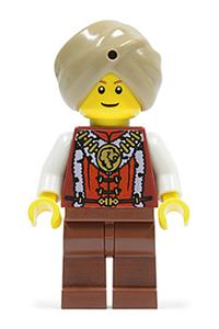 Snake Charmer Minifigure - A minifigure with a turban, red snake, white robe, purple belt, black legs, and dark brown hands - adv053