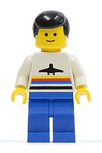 Airport Worker Minifigure - Male minifigure with classic airport attire, featuring blue legs and black hair - air006