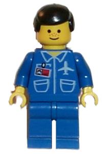 Airport Worker Minifigure - Male with black hair, wearing a blue airport outfit with blue legs - air009