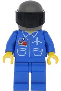 Airport Worker Minifigure - Airport Worker dressed in a blue airport outfit, with blue legs, and wearing a dark gray helmet with a black visor - air017