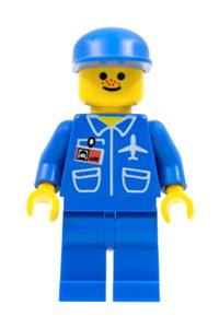 Airport Worker Minifigure - Minifigure at the airport with blue legs, donning a blue cap and attire - air018