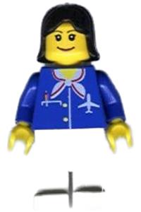 Airport Worker Minifigure - Female airport worker with a wide smile and eyebrows, wearing a blue scarf and black hair - air021
