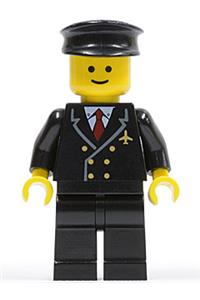 Pilot Minifigure - Pilot at the airport with a red tie and 6 buttons, black legs, black hat, and standard grin - air024