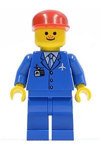 Airport Worker Minifigure - Minifigure with freckles wearing a blue 3-button jacket with a tie, a red cap in an airport setting - air026