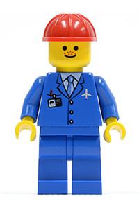Airport Worker Minifigure - Minifigure is wearing a blue 3-button jacket with a tie, a red construction helmet, and has freckles - air027