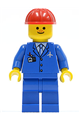 Airport with blue 3 button jacket & tie, red construction helmet and freckles - air027