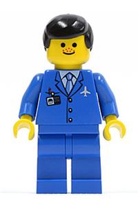 Airport Worker Male Minifigure - Minifigure wearing a blue 3 button jacket with a tie, black male hair, and freckles at the airport - air028