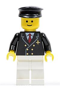 Pilot Minifigure - Pilot in airport attire with red tie and 6 buttons, white legs, black hat, and standard grin - air029