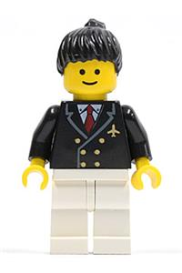 Pilot Minifigure - Pilot at the airport with a red tie and 6 buttons, white legs, black ponytail hair, and a standard grin - air030