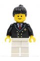 Pilot at the airport with a red tie and 6 buttons, white legs, black ponytail hair, and a standard grin - air030