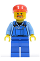 Minifigure wearing blue overalls with tools in pocket and a red cap - air031
