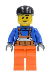 Construction Worker Minifigure - Minifigure wearing black cap and safety stripe orange overalls with orange legs, featuring a smirk and stubble beard - air033
