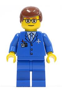 Airport Worker Minifigure - Male airport staff with blue 3-button jacket and tie, wearing reddish brown hair, glasses, and thin eyebrows - air035