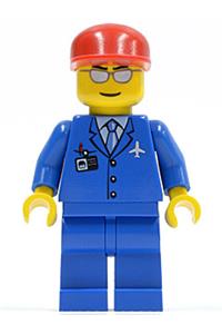 Airport Worker Minifigure - Minifigure with a red cap, wearing a blue 3-button jacket with a tie, silver sunglasses, and a thin smile - air036
