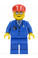 Minifigure with a red cap, wearing a blue 3-button jacket with a tie, silver sunglasses, and a thin smile - air036