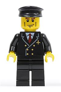 Airport Pilot Minifigure - Pilot with red tie, 6 buttons, black legs, black hat, and vertical cheek lines in an airport setting - air043