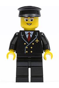 Airport Pilot Minifigure - Pilot at the airport with a red tie and 6 buttons, black legs, black hat, glasses, and an open smile - air044