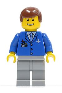 Airport Steward Minifigure - Steward in blue 3-button jacket and tie, with light bluish gray legs, reddish brown hair, and thin grin - air045