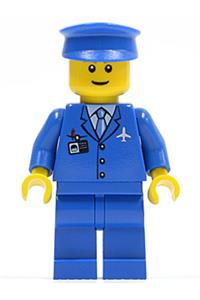 Airport Worker Minifigure - Airport worker with a blue 3-button jacket and tie, black hat, and blue legs - air046