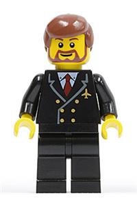 Pilot Minifigure - Airport - Pilot with Red Tie and 6 Buttons, Black Legs, Reddish Brown Hair, Brown Beard Rounded - air048
