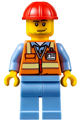 Orange Safety Vest with Reflective Stripes, Medium Blue Legs, Red Construction Helmet, Smirk and Stubble Beard - air050
