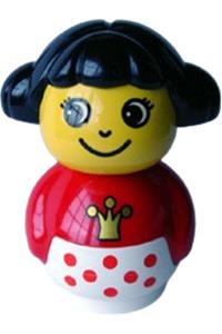 Girl with white base - Female Primo figure with black hair wearing a white base with red dots and a red top with a crown pattern - baby004