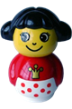 Female Primo figure with black hair wearing a white base with red dots and a red top with a crown pattern - baby004