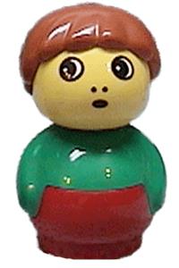 Boy with red base - Boy Primo figure with dark orange hair, wearing a green top on a red base - baby005
