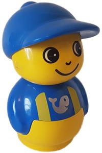 Boy with yellow base - Boy Primo figure with yellow base, blue top with yellow suspenders featuring fish pattern, and blue hat - baby009