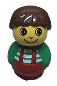 Primo Figure Boy with Red Base, Green Top with Red Suspenders with White Stripes, Brown Hair baby010