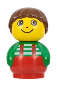 Boy with red base - A boy Primo figure with a red base, green top with red suspenders and white stripes, and brown hair - baby010