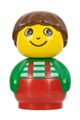 A boy Primo figure with a red base, green top with red suspenders and white stripes, and brown hair - baby010