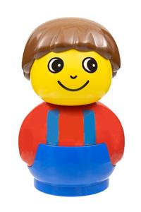 Boy with blue base - Boy Primo figure with brown hair wearing a red top with blue suspenders on a blue base - baby011